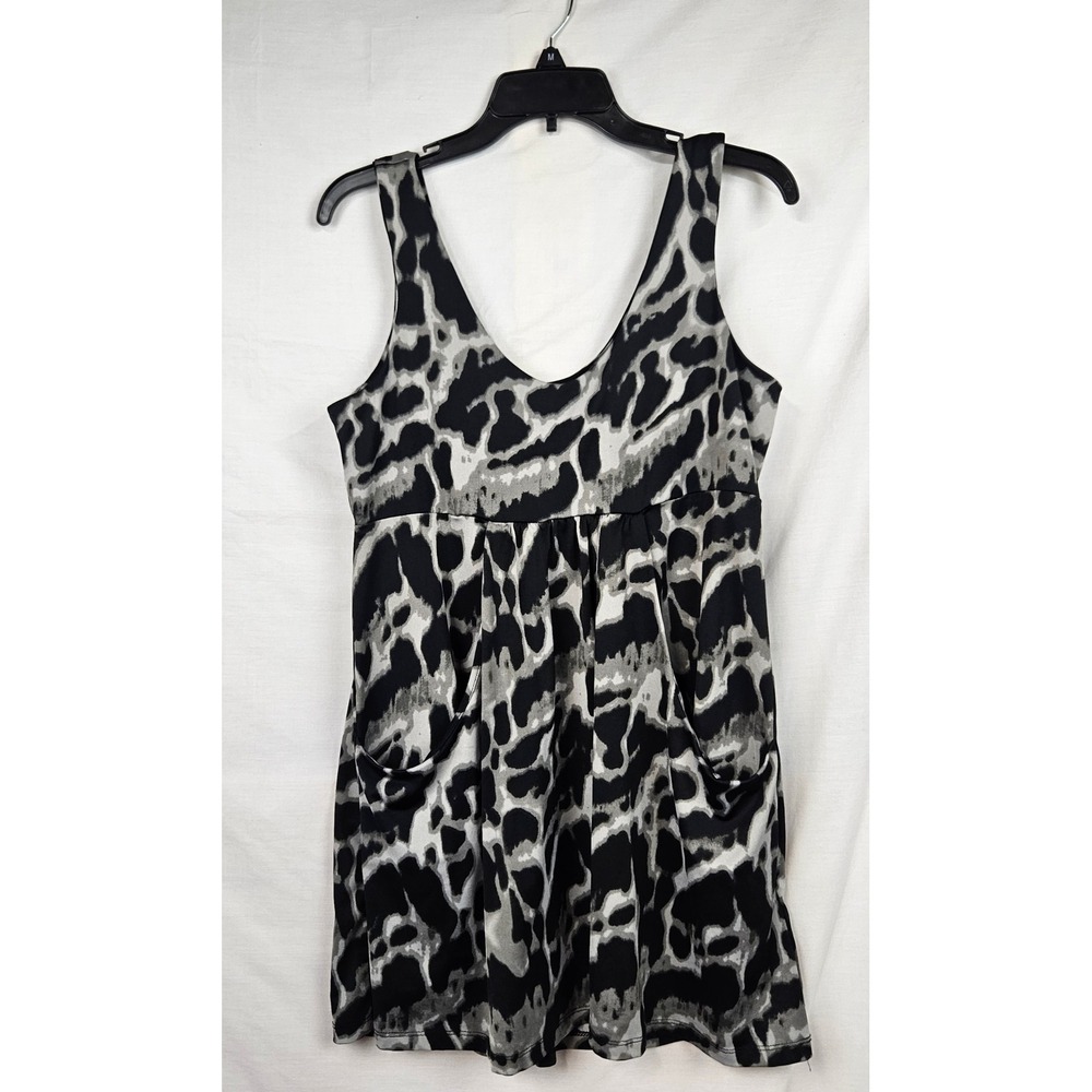 J Valdi Womens Black Grey Abstract Animal Print V-Neck Empire Waist Mini Dress L